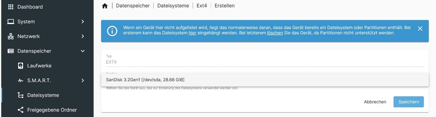 USB-Stick wird ausgewählt als EXT4 formatiert zu werden